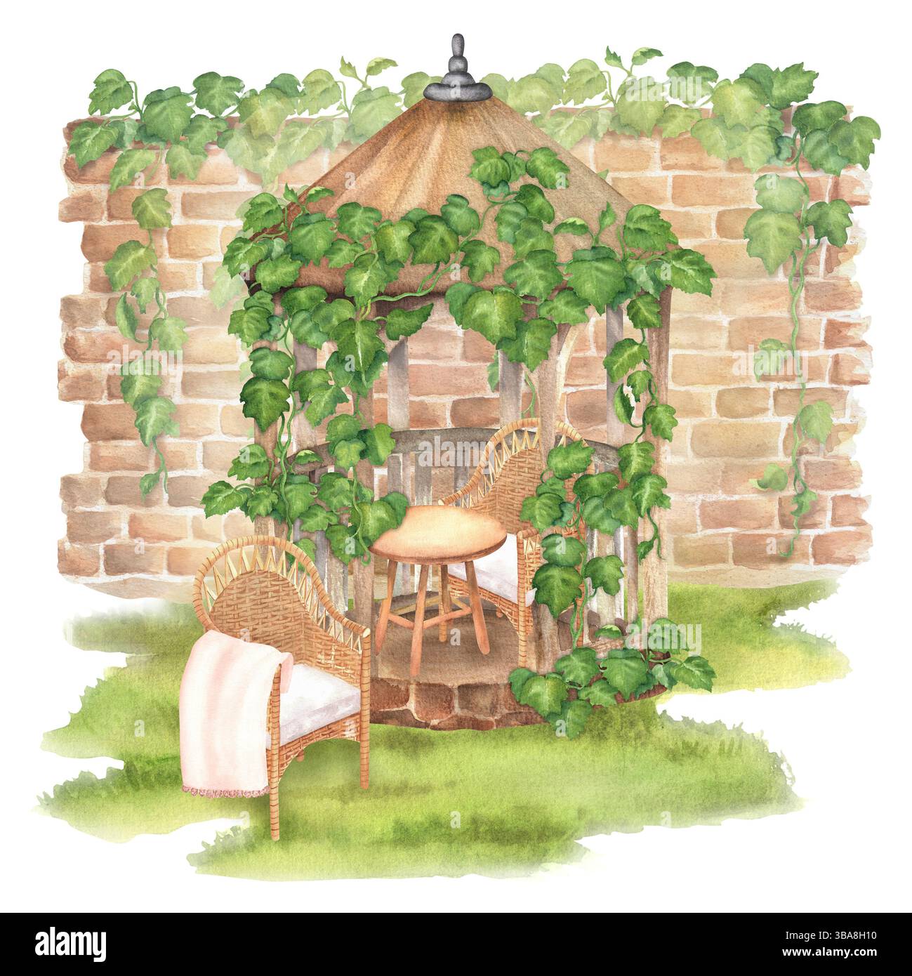 Une scène de jardin avec vieux mur de briques recouvert de lierre vert, un gazebo en bois avec des chaises en osier, table en bois. Clipart de jardin. Aquarelle dessinée à la main Ill Banque D'Images
