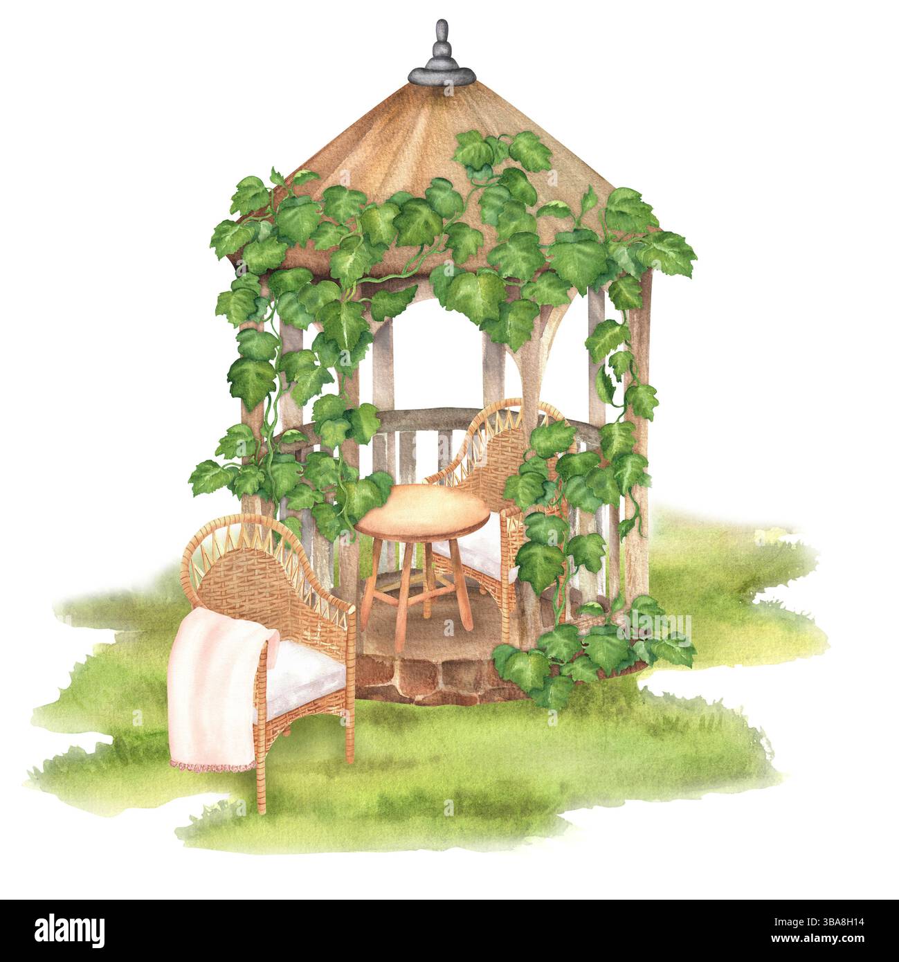 Belvédère couvert de lierre et mobilier de jardin en osier, table en bois et couverture rose. Un vieux paysage de jardin. Pré vert. Clipart de jardin. Wate dessinée à la main Banque D'Images