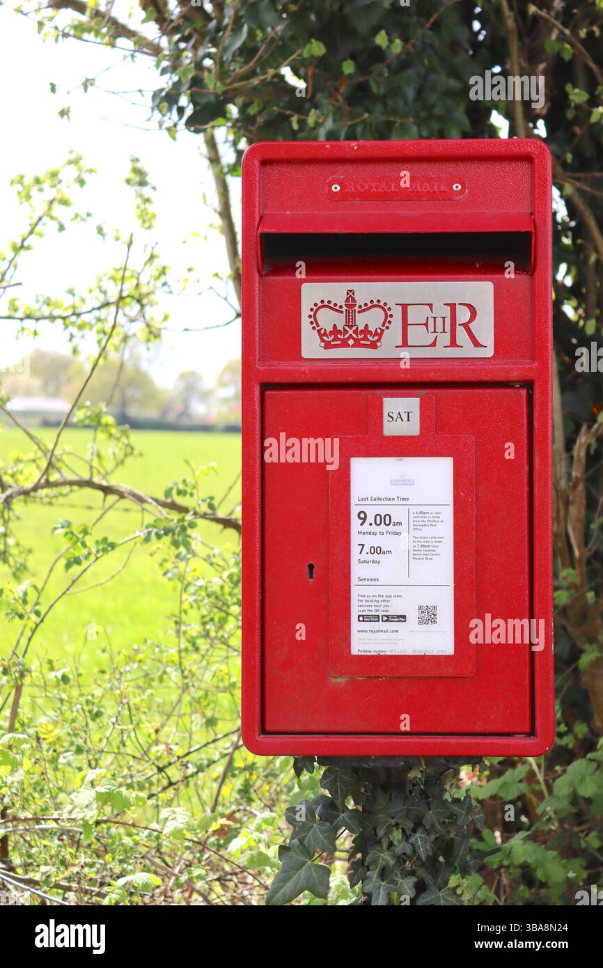 Un nouveau style récemment introduit de boîte aux lettres de collecte du courrier britannique portant le nom de « Royal mail » remplaçant le précurseur « Post Office » dans un cadre rural. Banque D'Images