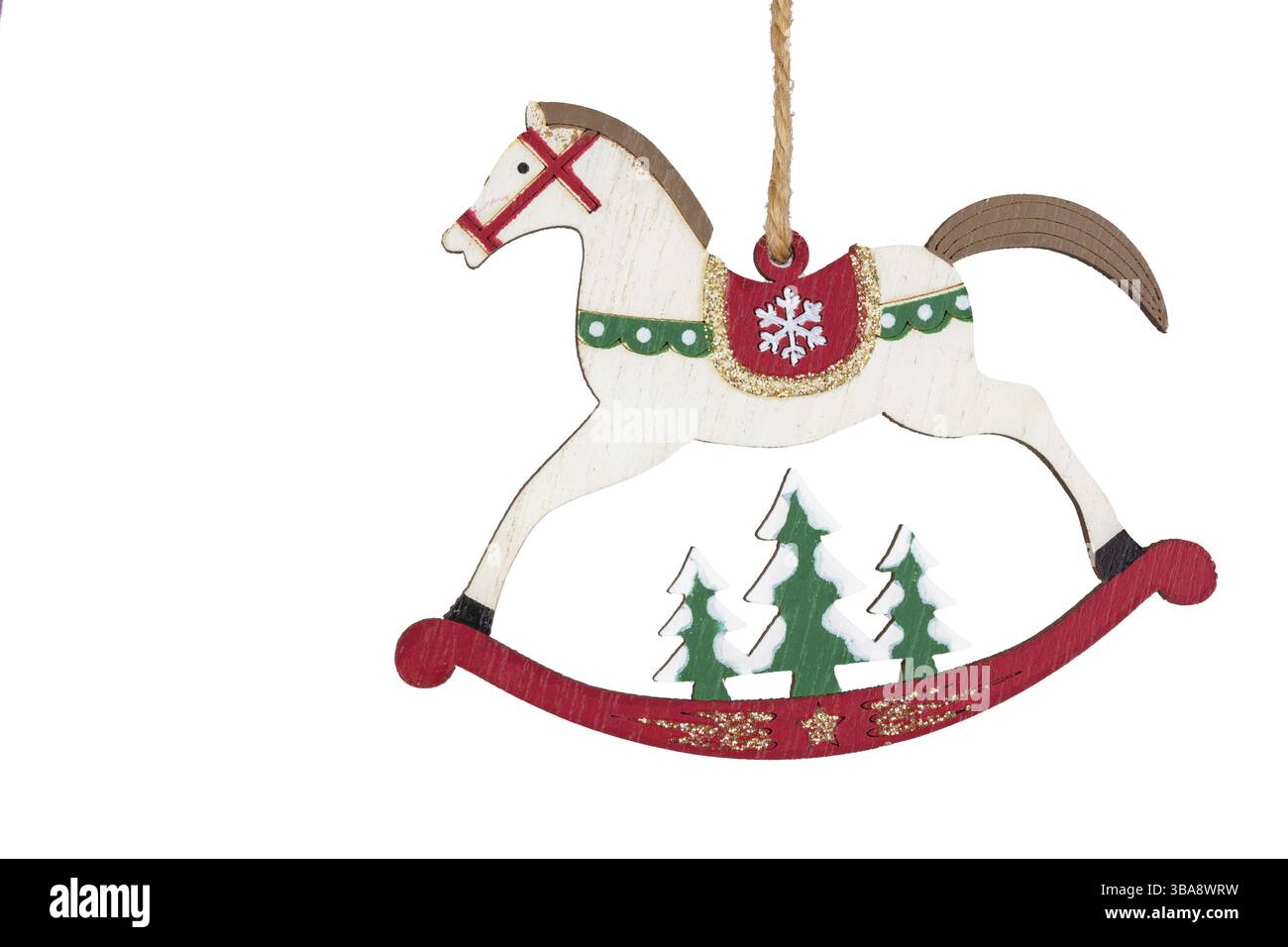 Cheval jouet en bois jouet de Noël closeup sur un fond blanc Banque D'Images