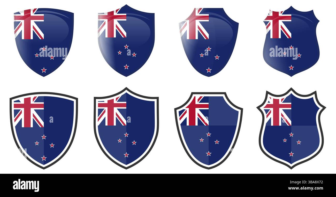 Drapeau vertical de Nouvelle-Zélande en forme de bouclier, quatre versions 3d et simples. Icône / signe Zealander Banque D'Images