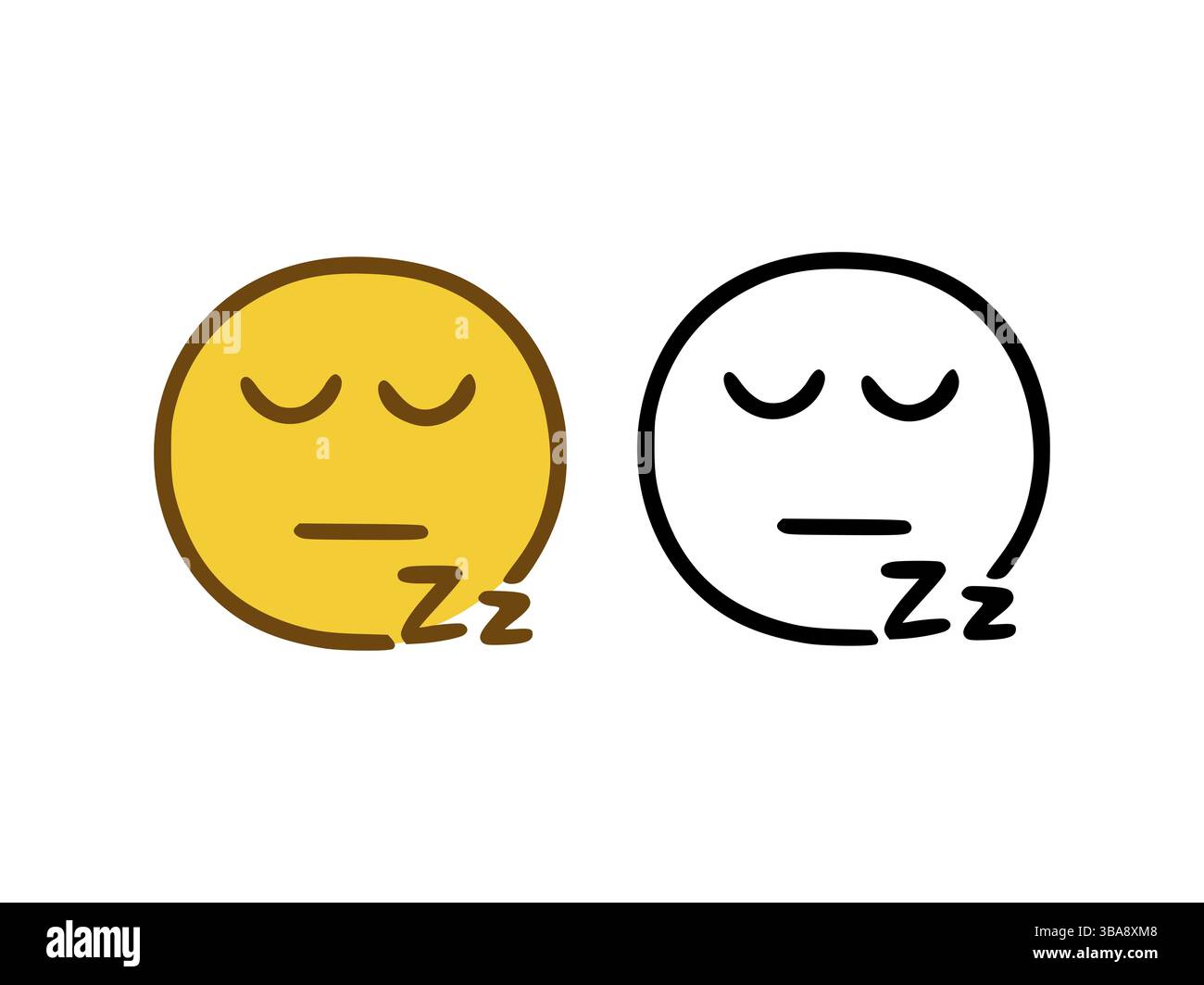 Schlafendes Emoticon im Doodle-Stil isoliert auf weissem Hintergrund Banque D'Images