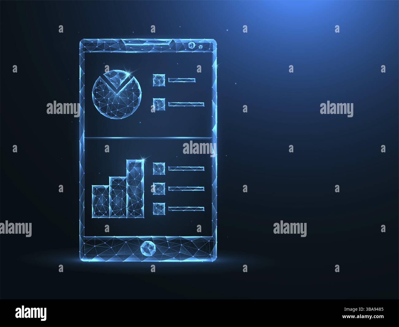 Smartphone et données analytiques bas poly Analyse mobile, graphiques de données illustrations vectorielles polygonales sur fond bleu Banque D'Images