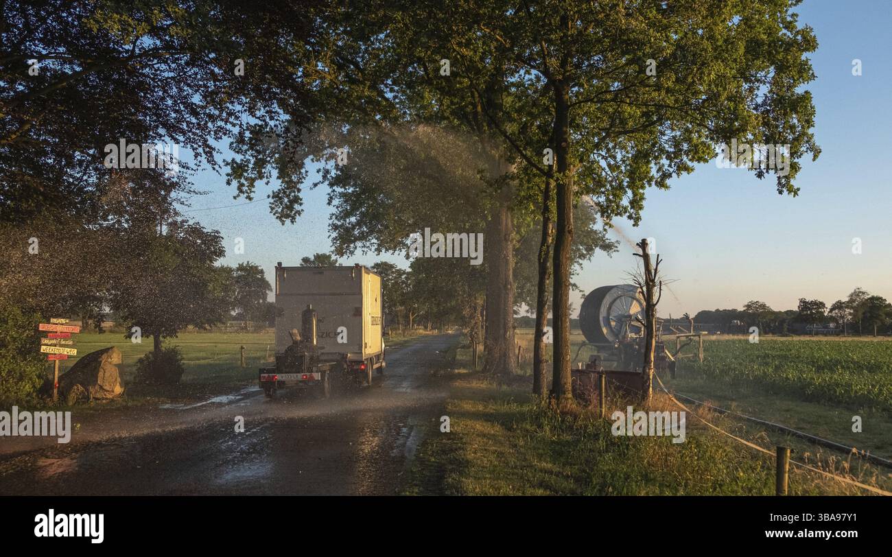 Silhouette d'irrigation agricole arrosage système de blé au coucher du soleil. L'irrigation en utilisant le champ de système de gicleurs à pivot central. Amsterdam, Th Banque D'Images