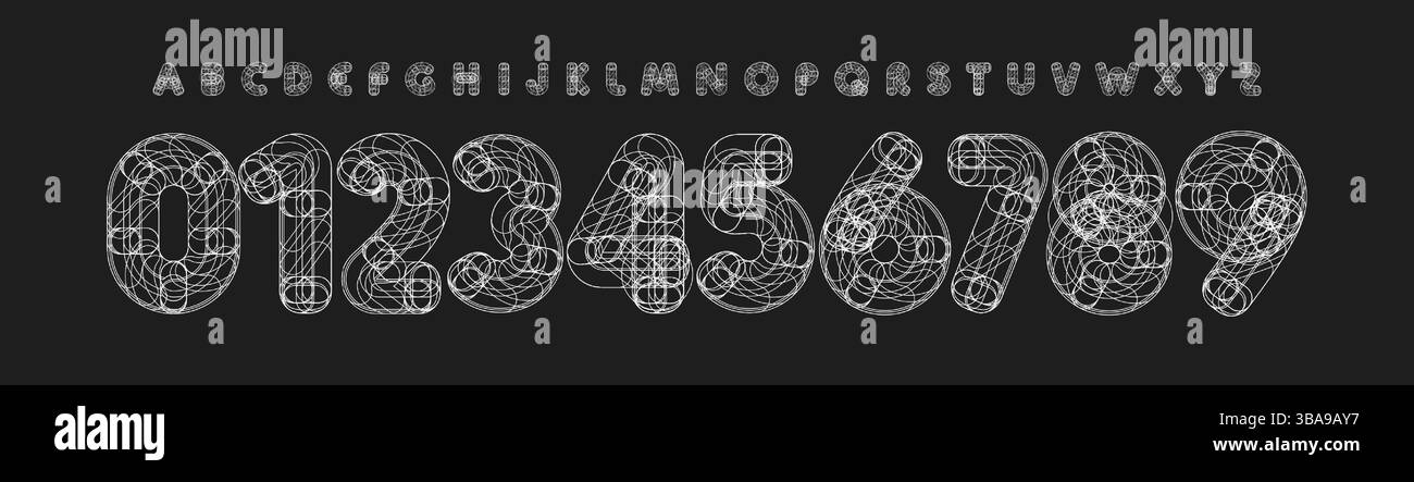 Numéro technique abstrait et lettres police, alphabet géométrique filaire pour affiches scientifiques, type futuriste UI, sweat à capuche ou logo en jersey, numérique Illustration de Vecteur