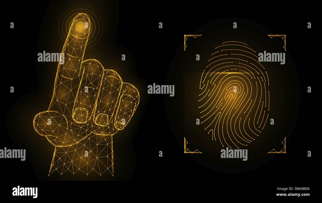 Concept d'identification des empreintes digitales. Données biométriques faible conception poly. Vecteur polygonal illustration d'une main appuyant avec un index et un doigt Banque D'Images