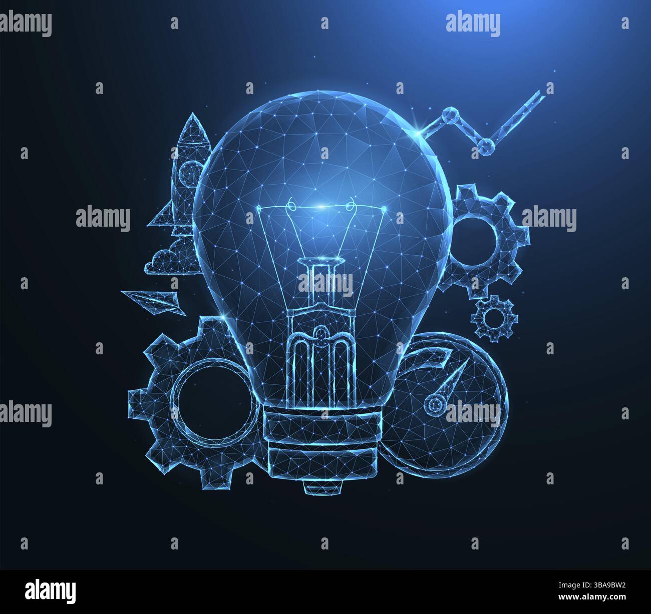 Ampoule basse poly Idée d'ampoule, engrenages, compteur de vitesse, fusée et illustrations vectorielles polygonales analytiques sur fond bleu Banque D'Images