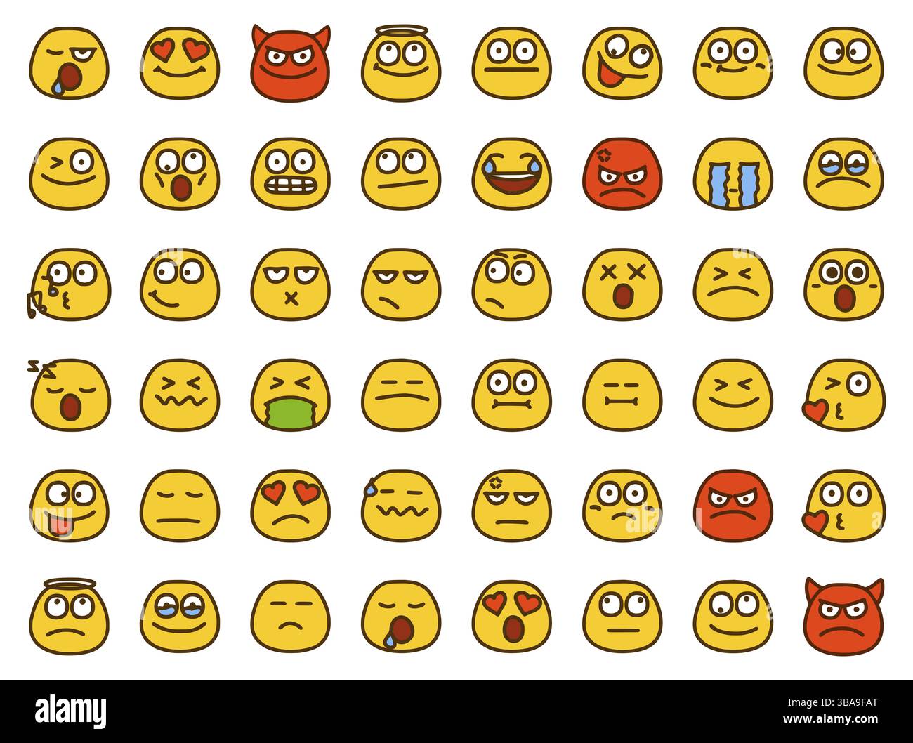 Ensemble von Emoticons zeigt verschiedene Emotionen im Cartoon-Stil isoliert auf weissem Hintergrund Banque D'Images