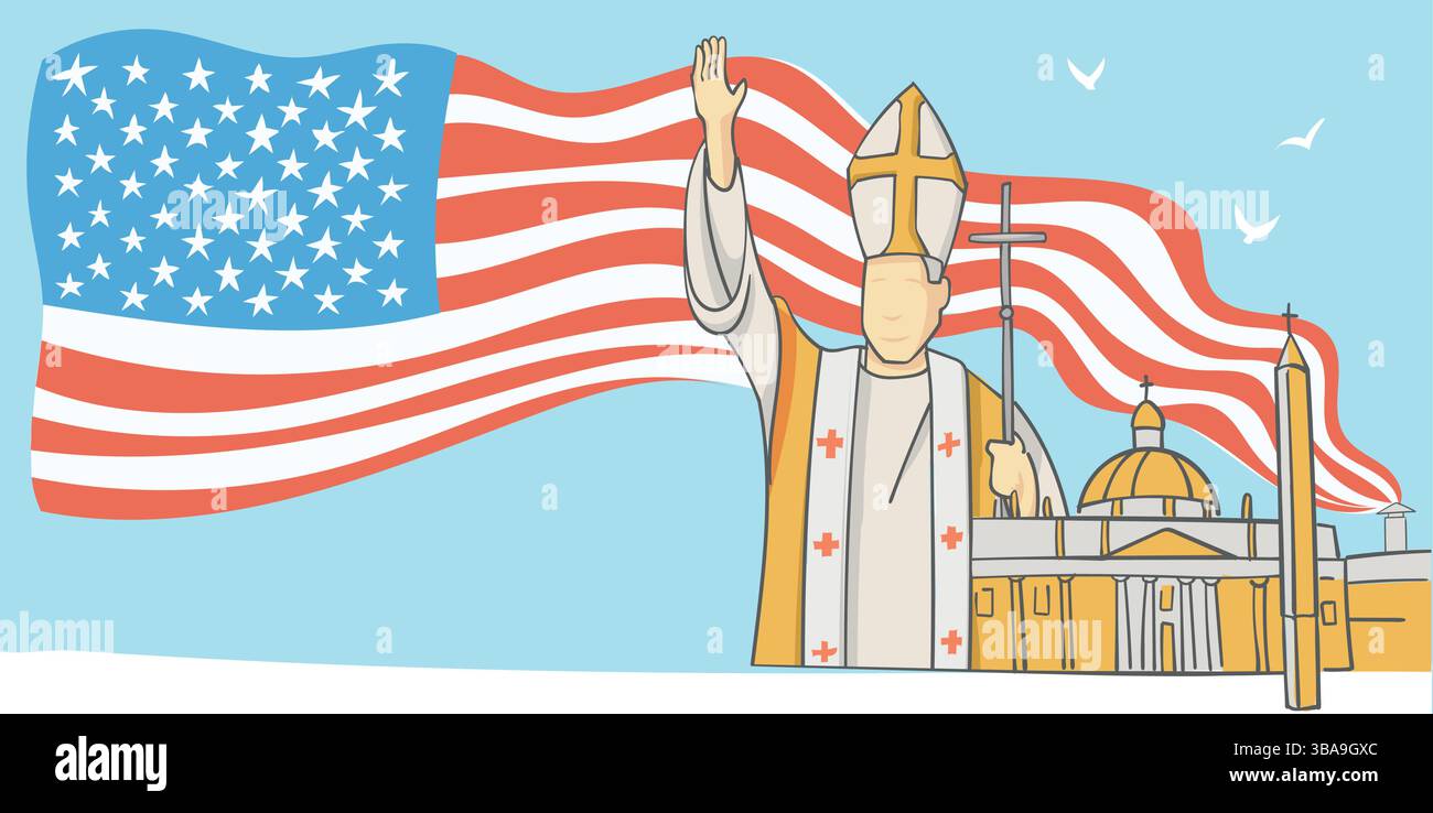 Le nouveau pape salue son élection avec une fumée blanche avec drapeau américain. Illustration vectorielle horizontale. Illustration de Vecteur Le nouveau pape salue son élection avec une fumée blanche avec drapeau américain. Illustration vectorielle horizontale. Illustration de Vecteur