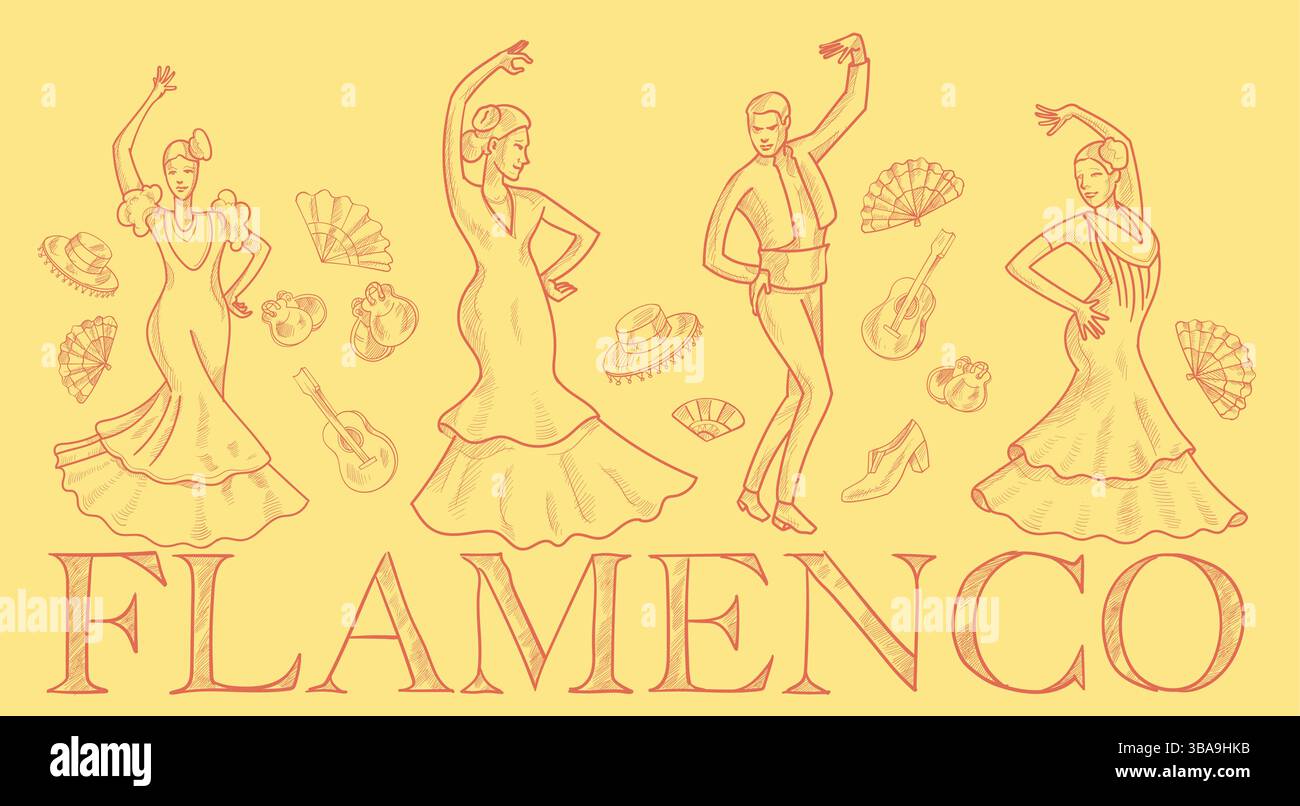 Élégantes danseuses de flamenco dessinées à la main. arrière-plan horizontal vectoriel Illustration de Vecteur