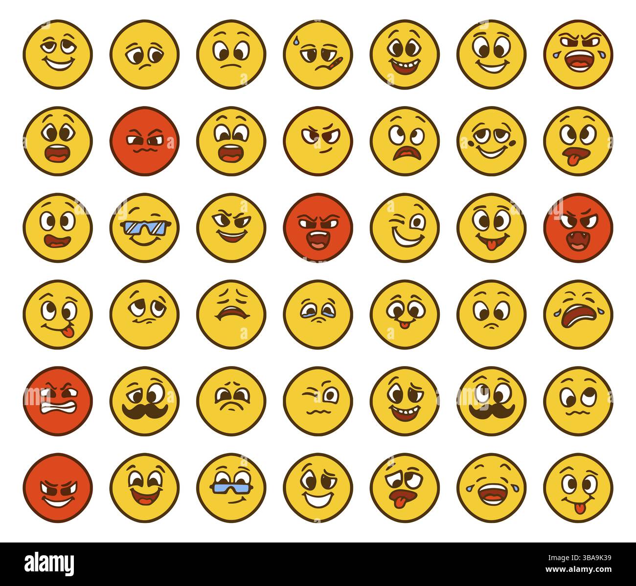 Ensemble von Emoticons zeigt verschiedene Emotionen im Cartoon-Stil isoliert auf weissem Hintergrund. Lustige Gesichter clip Kunst Banque D'Images