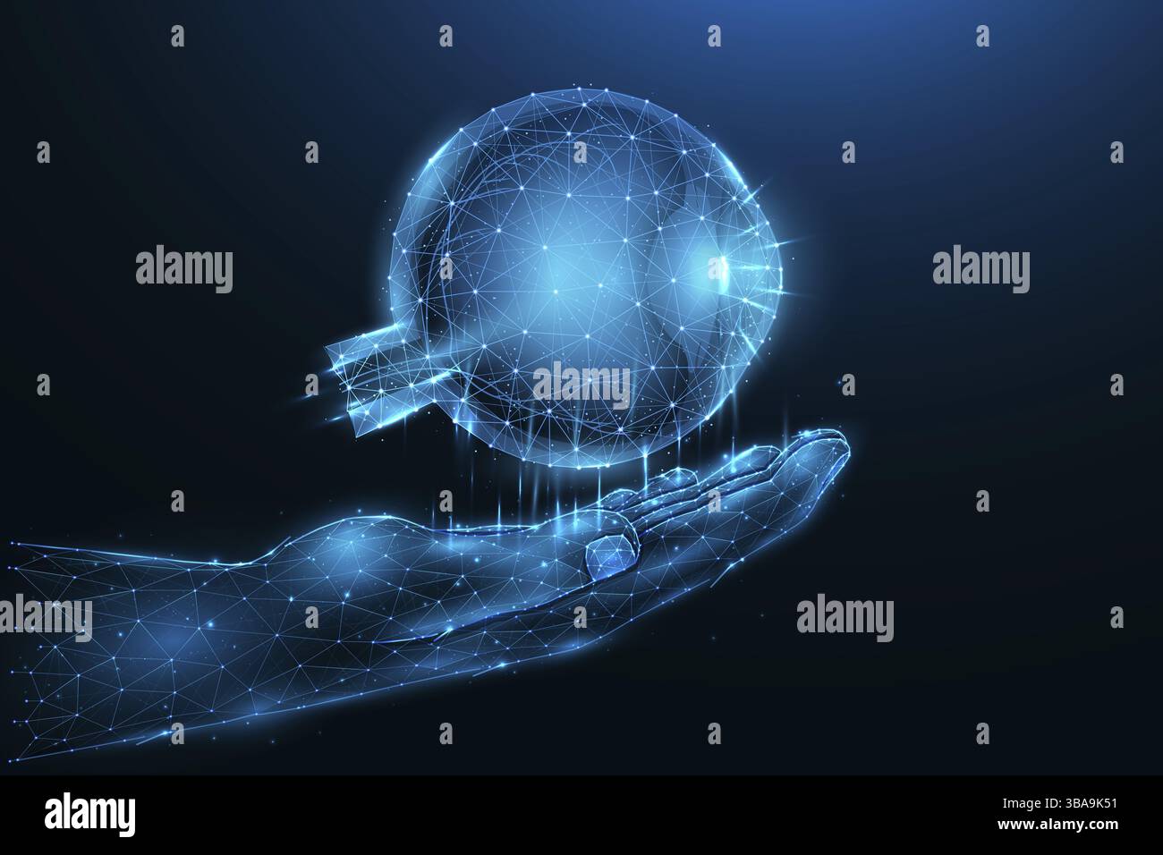 Illustration vectorielle polygonale d'une main avec un œil humain. Concept de vision. Bannière médicale, modèle ou arrière-plan Banque D'Images