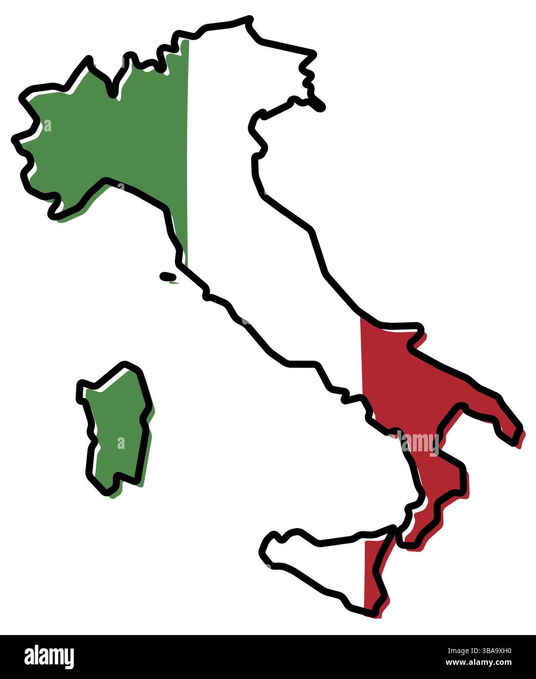 Carte simplifiée du contour de l'Italie, avec un drapeau légèrement courbé en dessous Banque D'Images