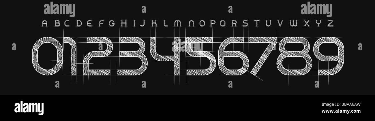 Architecture numéro et lettre police, hachurage Technical Blueprint Alphabet pour le type de titre et de logo. Conception de typographie schématique. Composition vectorielle. Illustration de Vecteur