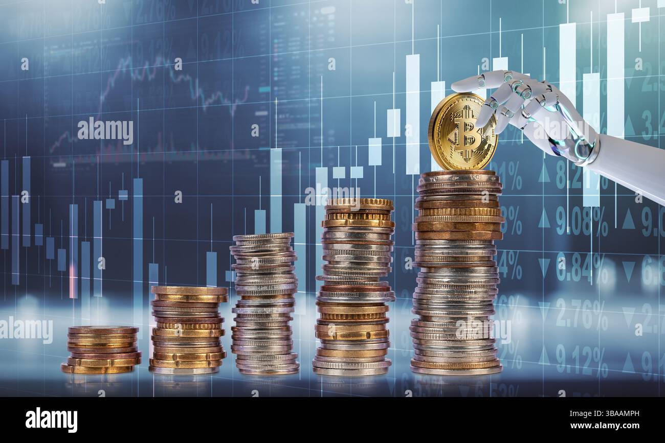 Une main robotique place un bitcoin sur une pile croissante de pièces, symbolisant les investissements en monnaie numérique dans un contexte financier. Banque D'Images