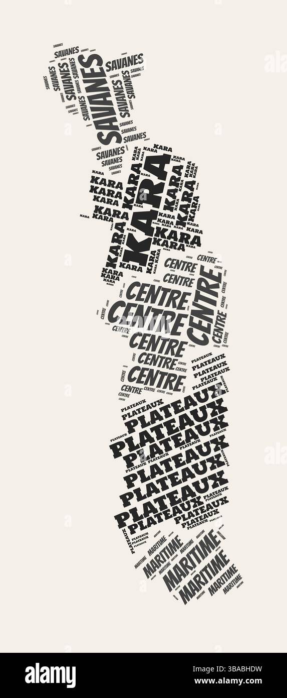 Togo Word Cloud. Pays avec division de régions. Togo texte typographique nuages de conception d'image vectorielle. Image de forme de pays de style gazette vintage. Illustration de Vecteur