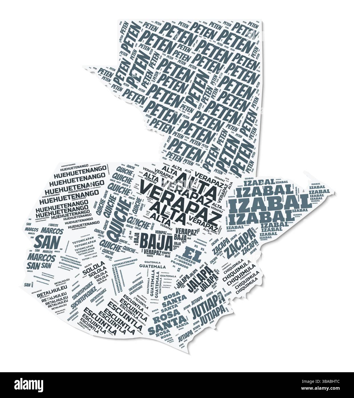 Nuage de texte de forme Guatemala. Frontière de pays avec ombre sur fond blanc. Guatemala avec division des régions dans le style vintage gazette. Illustration de Vecteur