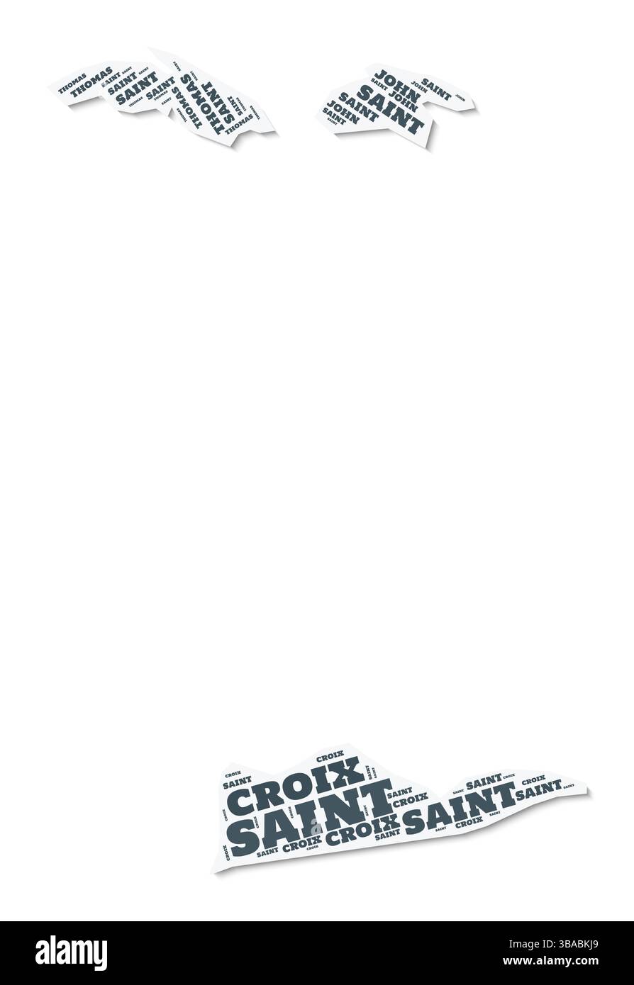 Nuage de texte de forme des îles Vierges américaines. Frontière de pays avec ombre sur fond blanc. Illustration de Vecteur