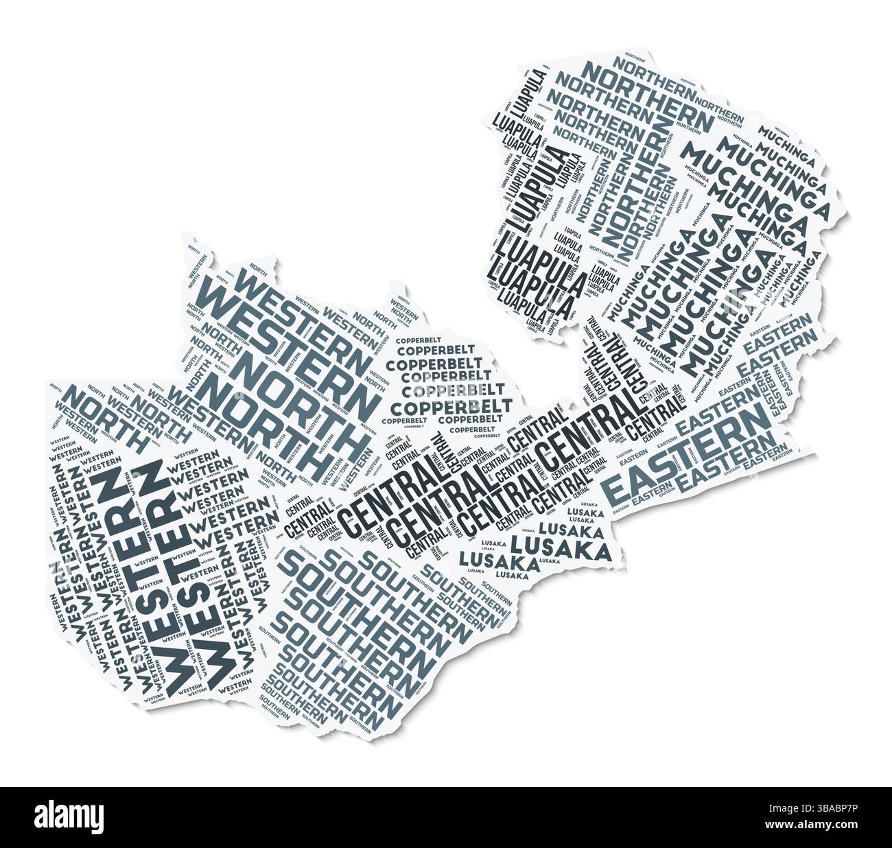 Nuage de texte de forme Zambie. Frontière de pays avec ombre sur fond blanc. Zambie avec la division des régions dans le style vintage gazette. Illustration de Vecteur