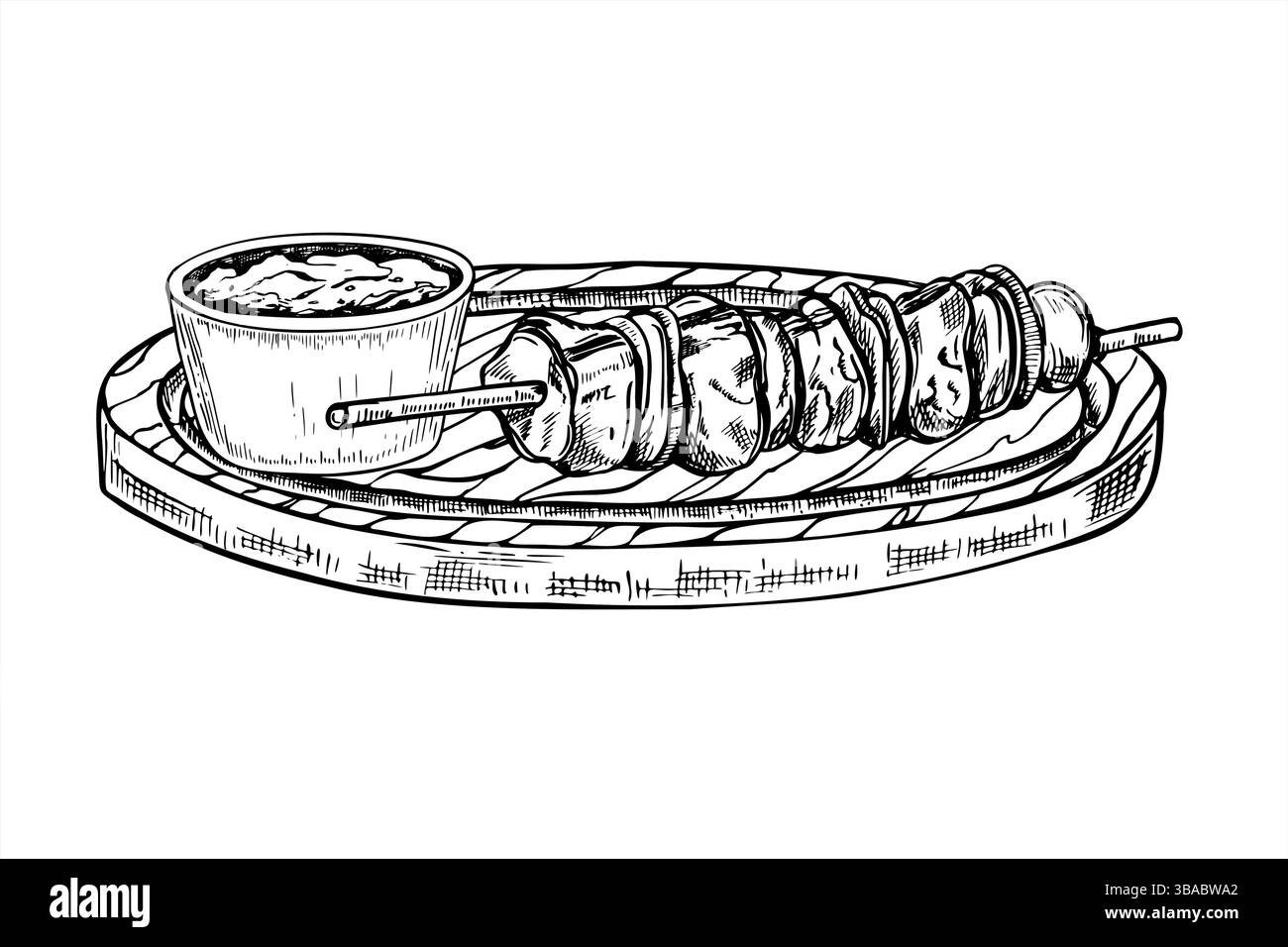 Brochettes de kebab monochromes sur planche de bois ronde avec illustration vectorielle de bol de sauce en céramique peinte par des encres noires. Pour les menus BBQ, blogs alimentaires Illustration de Vecteur
