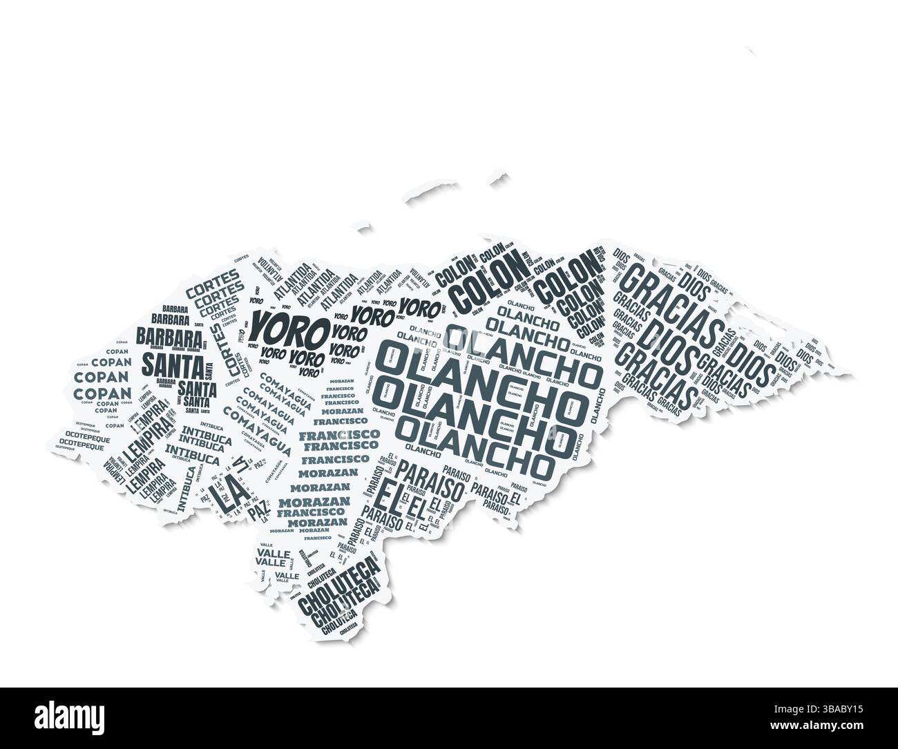 Nuage de texte de forme Honduras. Frontière de pays avec ombre sur fond blanc. Honduras avec division des régions dans le style vintage gazette. Illustration de Vecteur