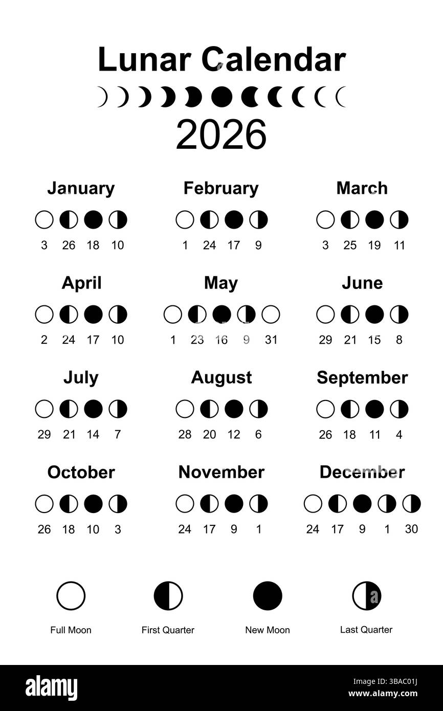 Calendrier lunaire 2026 et phases lunaires. Calendrier et cycles des phases lunaires, conception de modèle d'affiche imprimable en noir et blanc couleur, illustration vectorielle Illustration de Vecteur
