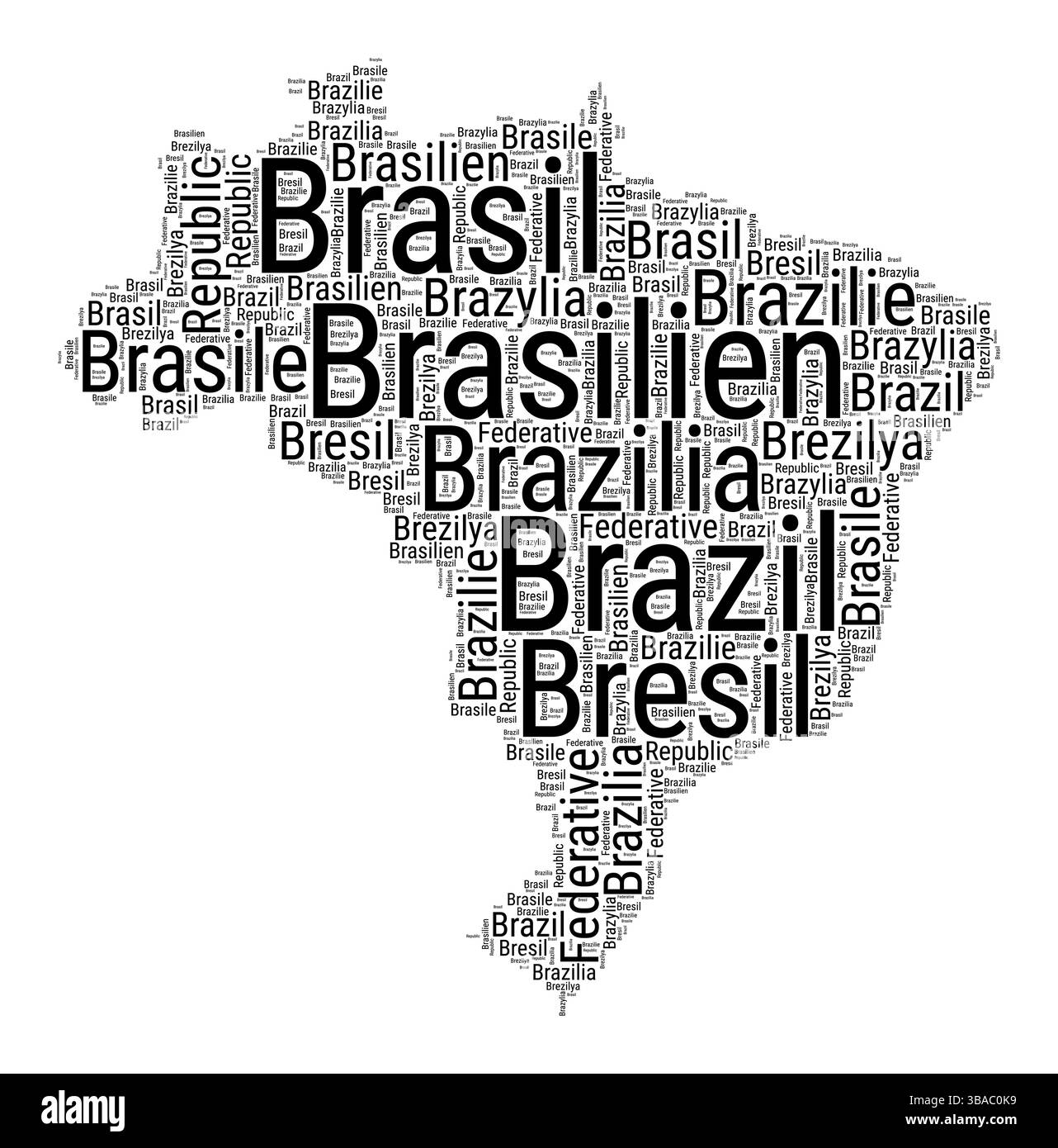 Nuage de mots noir et blanc en forme de Brésil. Illustration de pays de style typographique simple. Nuage de texte noir Uni Brésil sur fond blanc. Illustration de Vecteur
