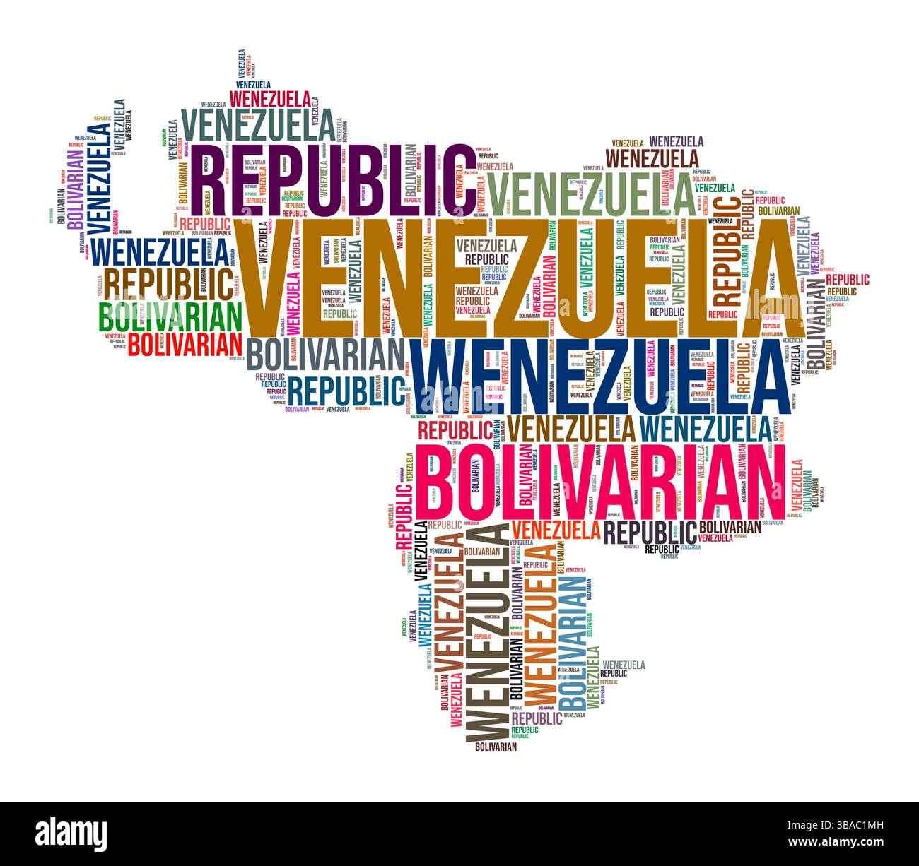 Nuage de mots de forme de pays Venezuela. Illustration de pays de style typographique. Venezuela image dans le style nuage de texte. Illustration vectorielle. Illustration de Vecteur