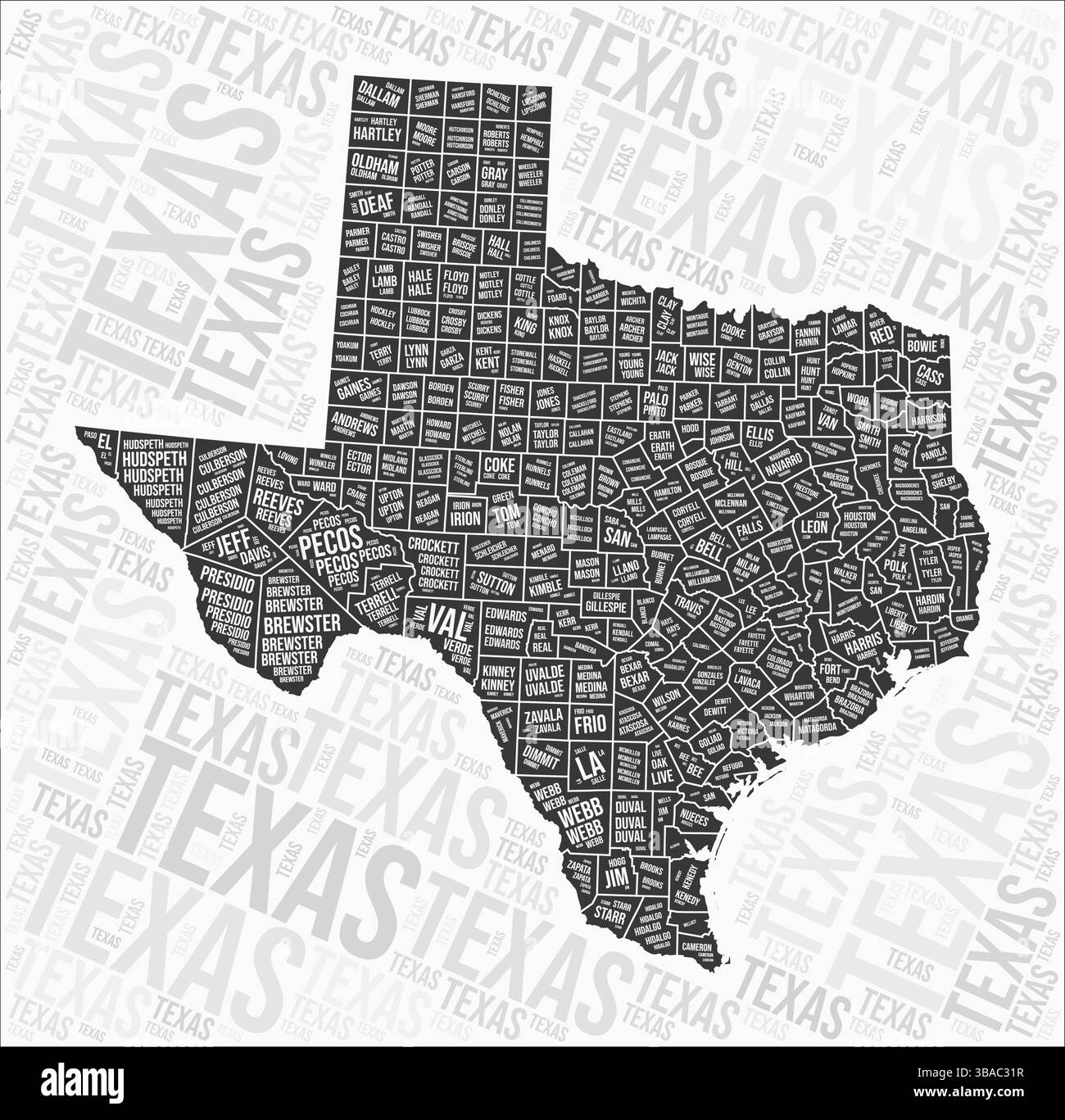 Nuage de mots de la carte des comtés du Texas. Noms des régions du Texas. Conception de carte en noir et blanc. Illustration vectorielle vibrante. Illustration de Vecteur