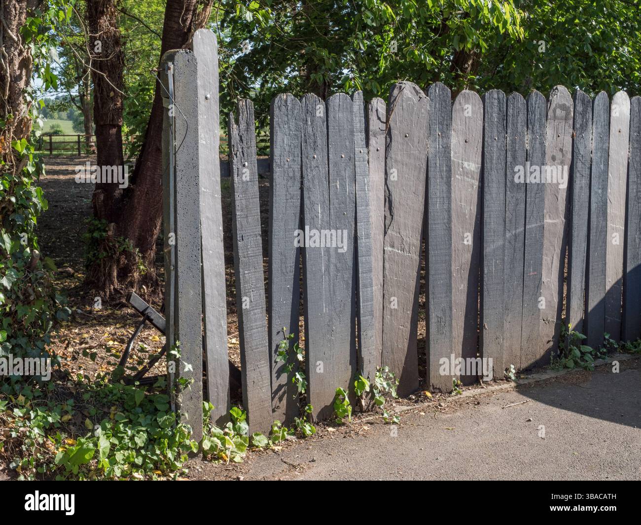 Panneaux de clôture en ardoise inhabituels sur un chemin de la Tamise (Temple Lane) près de Temple Mill Island, près de Bisham, Royaume-Uni. Banque D'Images