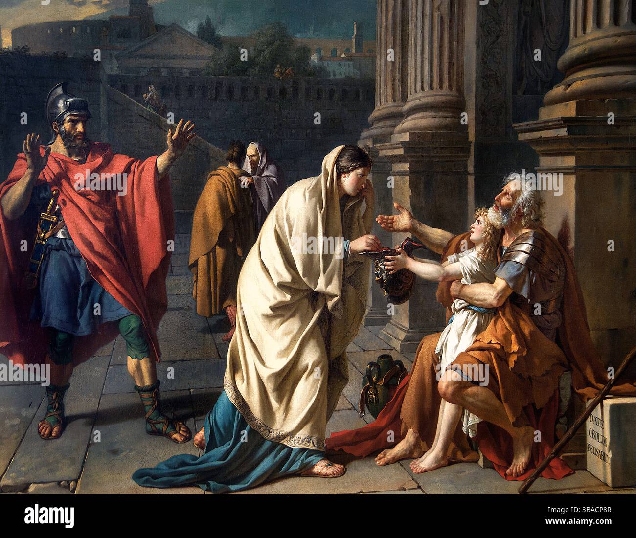 Bélisaire demande l'aumône - Belisarius Begging 1748 par Jacques-Louis DAVID 1748 -1825 France Musée Français Louvre . ( Bélisaire était un général byzantin du vie siècle, injustement accusé de conspiration contre l'empereur Auguste. C'est le vieil homme au premier plan. Il est réduit à la mendicité après s'être fait arracher les yeux. En arrière-plan se trouve l'un des soldats qui ont combattu sous ses ordres montrant la surprise comme il le reconnaît. ) Banque D'Images