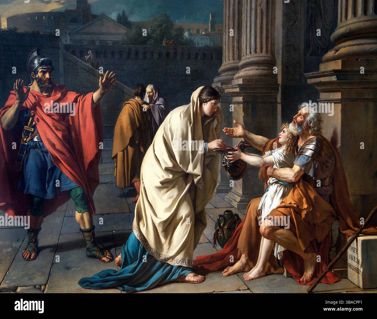 Bélisaire demande l'aumône - Belisarius Begging 1748 par Jacques-Louis DAVID 1748 -1825 France Musée Français Louvre . ( Bélisaire était un général byzantin du vie siècle, injustement accusé de conspiration contre l'empereur Auguste. C'est le vieil homme au premier plan. Il est réduit à la mendicité après s'être fait arracher les yeux. En arrière-plan se trouve l'un des soldats qui ont combattu sous ses ordres montrant la surprise comme il le reconnaît. ) Banque D'Images