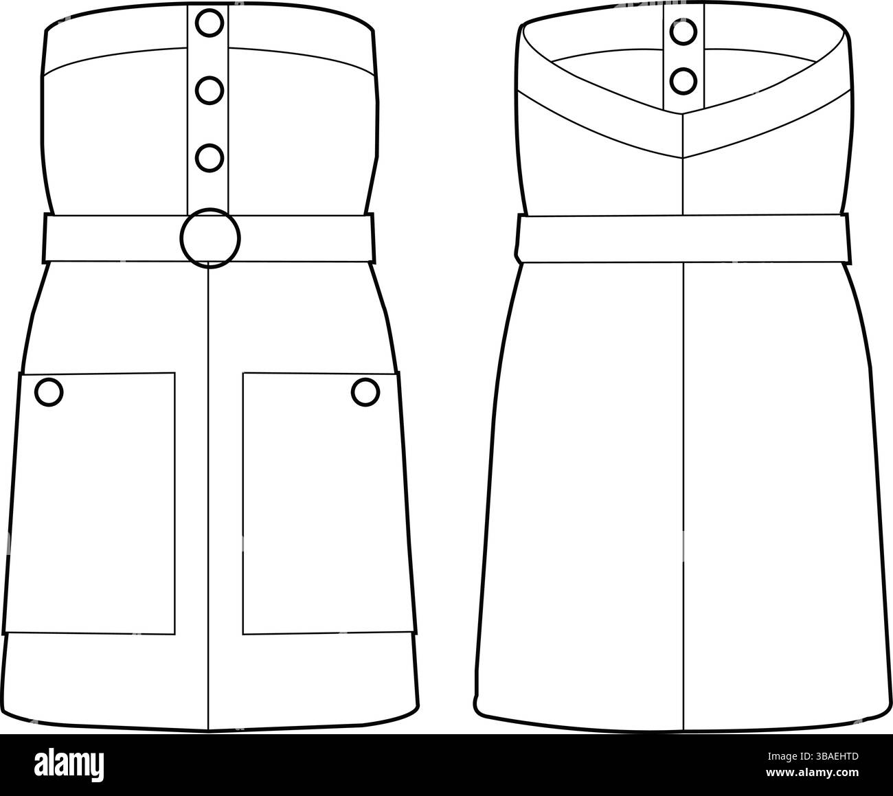 Dessin au trait simple d'une robe sans bretelles à boutons sur le devant avec ceinture – esquisse de mode plate (vues de face et de dos) Illustration de Vecteur