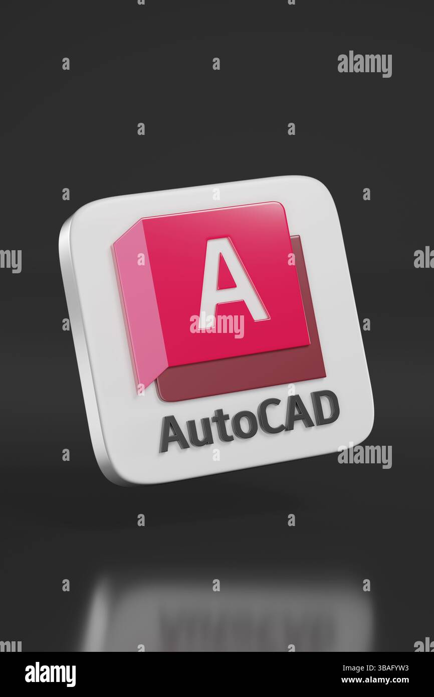 Buenos Aires, Argentine - 27 avril 2025 : logo AutoCAD en trois dimensions sur fond sombre. Illustration 3D. Banque D'Images