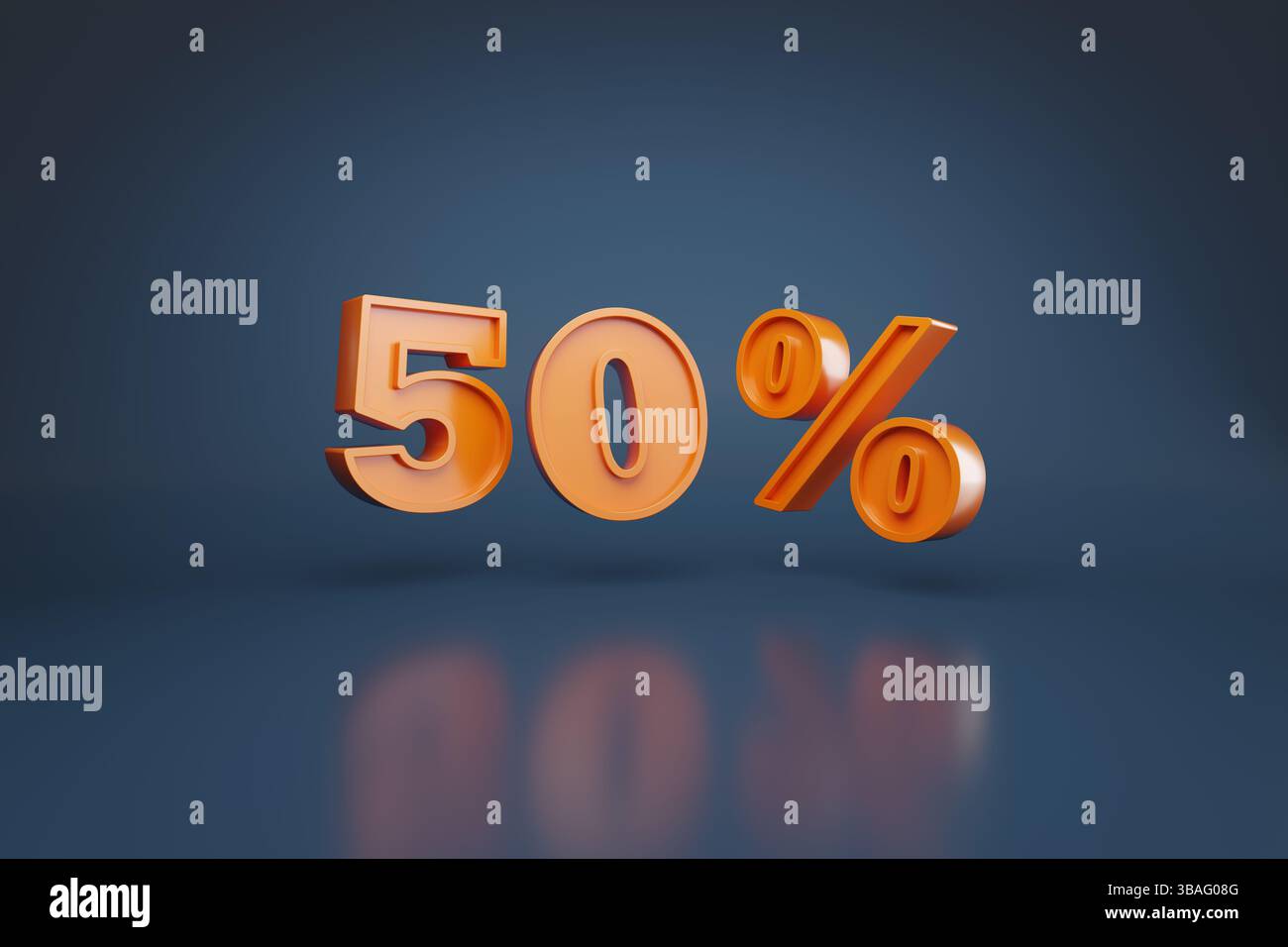 50 pour cent en trois dimensions sur fond bleu. Illustration 3D. Banque D'Images