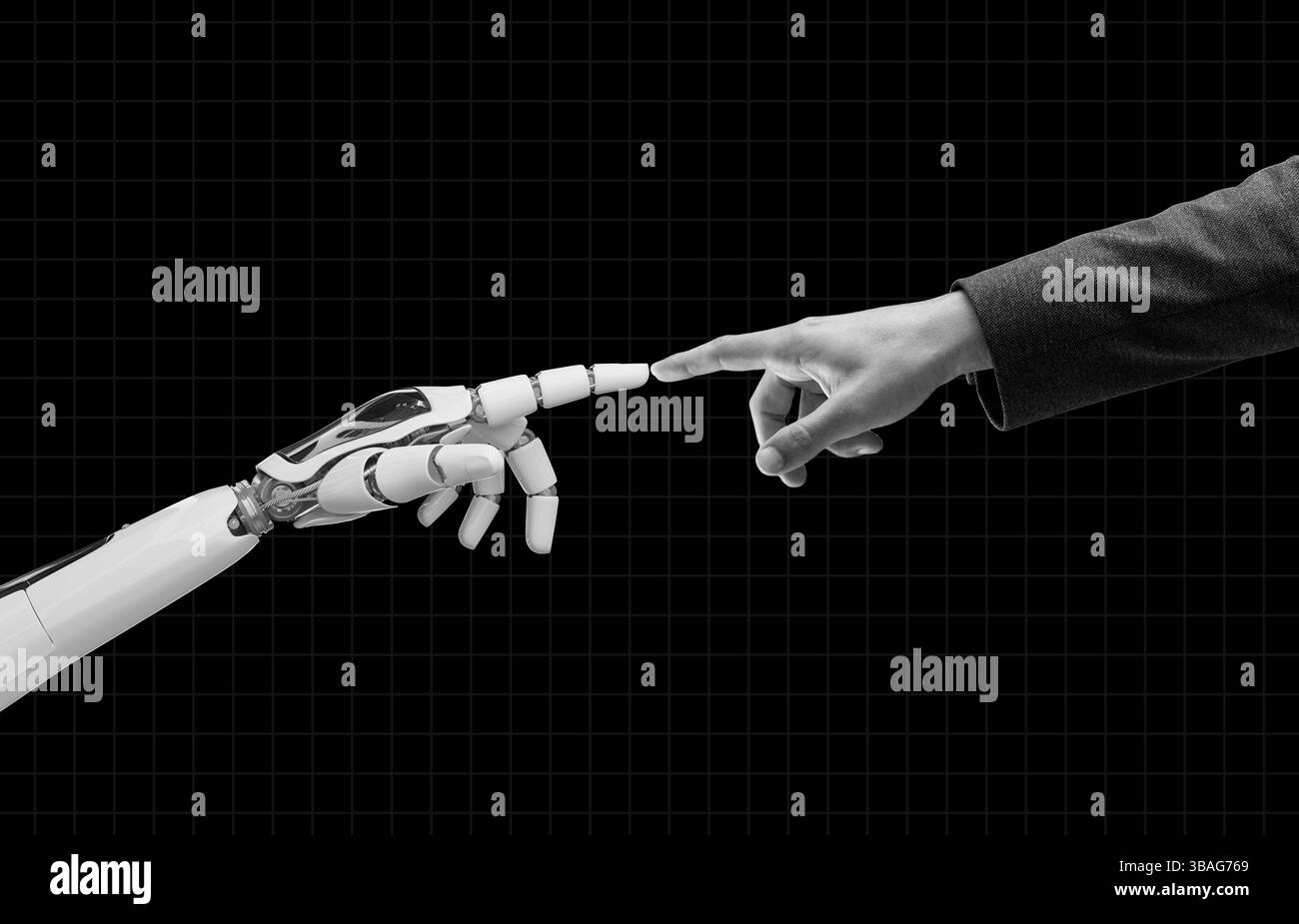 Toucher des doigts humains et robots, technologie et connexion humaine, évolution numérique, intégration IA, collage d'art contemporain noir et blanc Banque D'Images