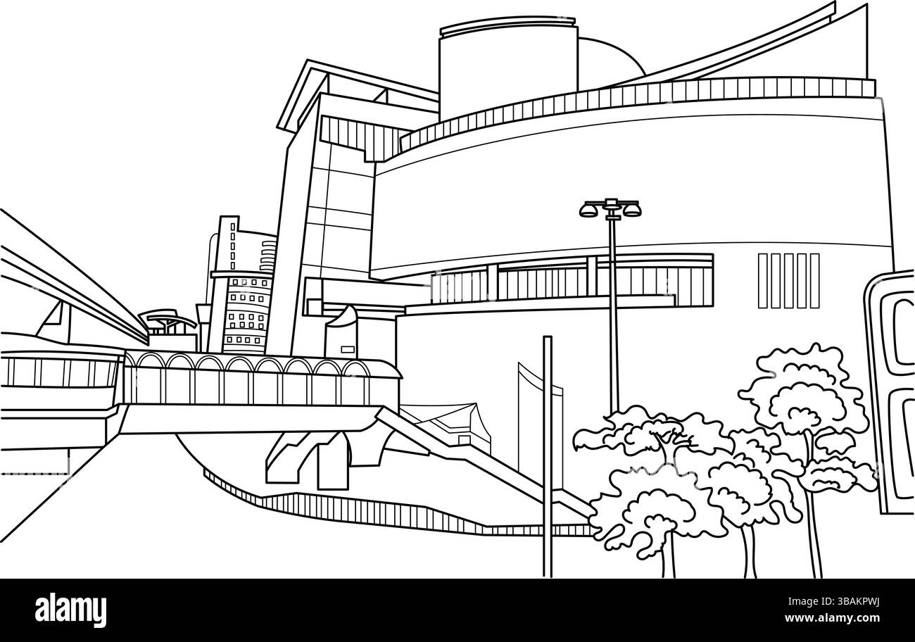 Illustration en noir et blanc du bâtiment emblématique du Bangkok Art and culture Centre (BACC) à Bangkok, Thaïlande. Croquis architectural adapté Illustration de Vecteur