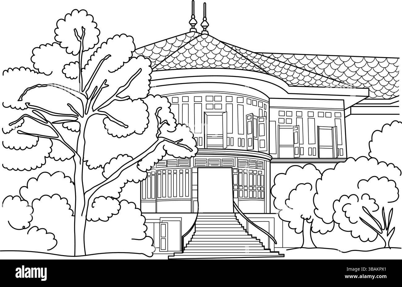 Illustration au trait de l'emblématique manoir Vimanmek, l'ancien palais royal et le plus grand manoir en teck doré du monde, entouré d'arbres à Ban Illustration de Vecteur