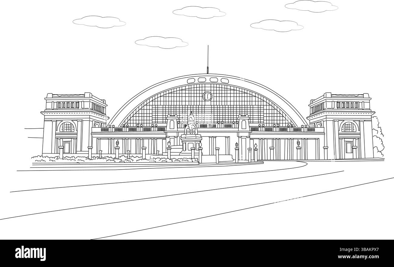 Dessin simple au trait de l'emblématique gare ferroviaire de Bangkok, également connue sous le nom de gare de Hua Lamphong, un monument historique de transport à Bangkok, en Thaïlande Illustration de Vecteur