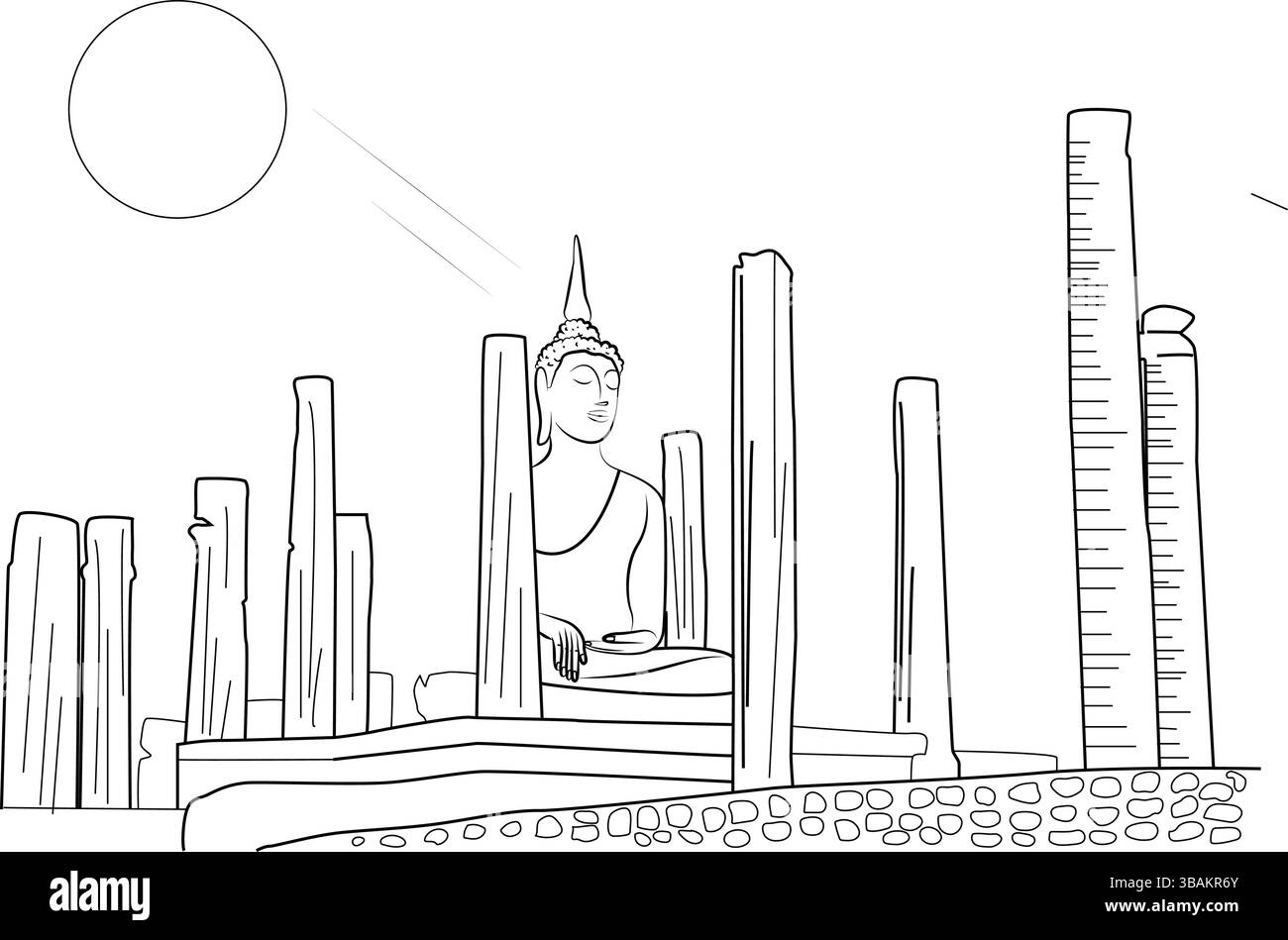 Illustration simple d'art au trait noir et blanc représentant une statue de Bouddha assis parmi les ruines de l'ancien temple dans le parc historique de Sukhothai, Thaïlande. T Illustration de Vecteur