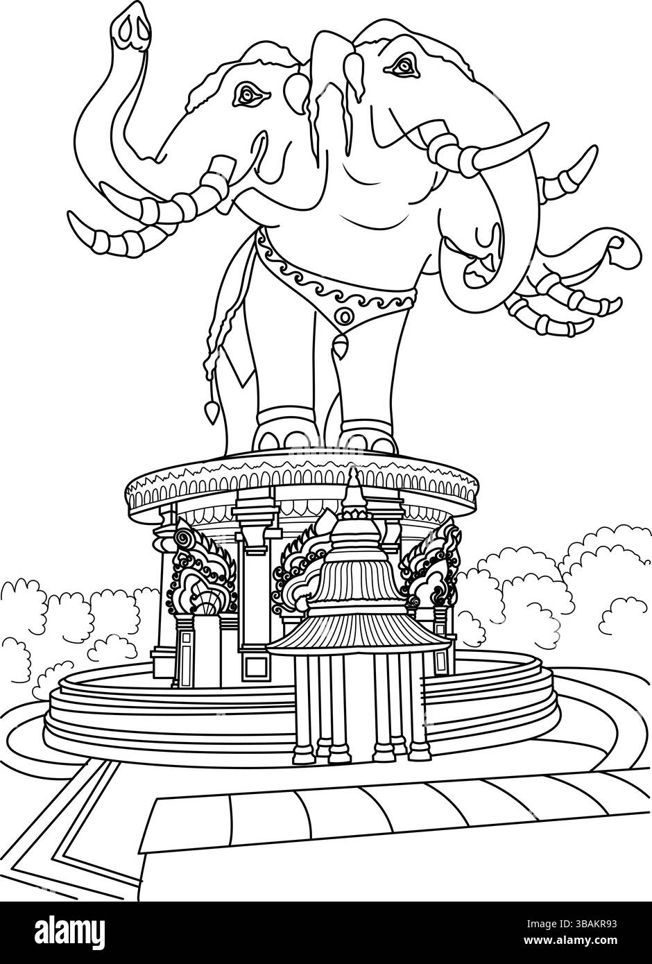 Dessin au trait illustration de l'emblématique Musée Erawan avec la colossale statue d'éléphant à trois têtes (Airavata/Erawan) à Samut Prakan, près de Bang Illustration de Vecteur