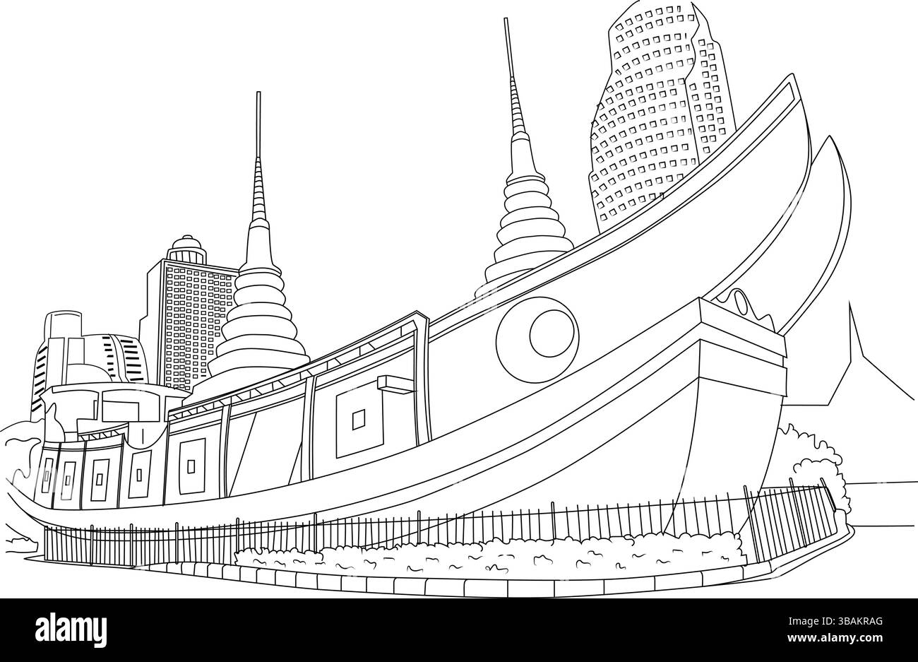 Illustration au trait de Wat Yannawa, également connu sous le nom de Temple du bateau, un temple bouddhiste unique situé à Bangkok, en Thaïlande, avec une structure rese Illustration de Vecteur