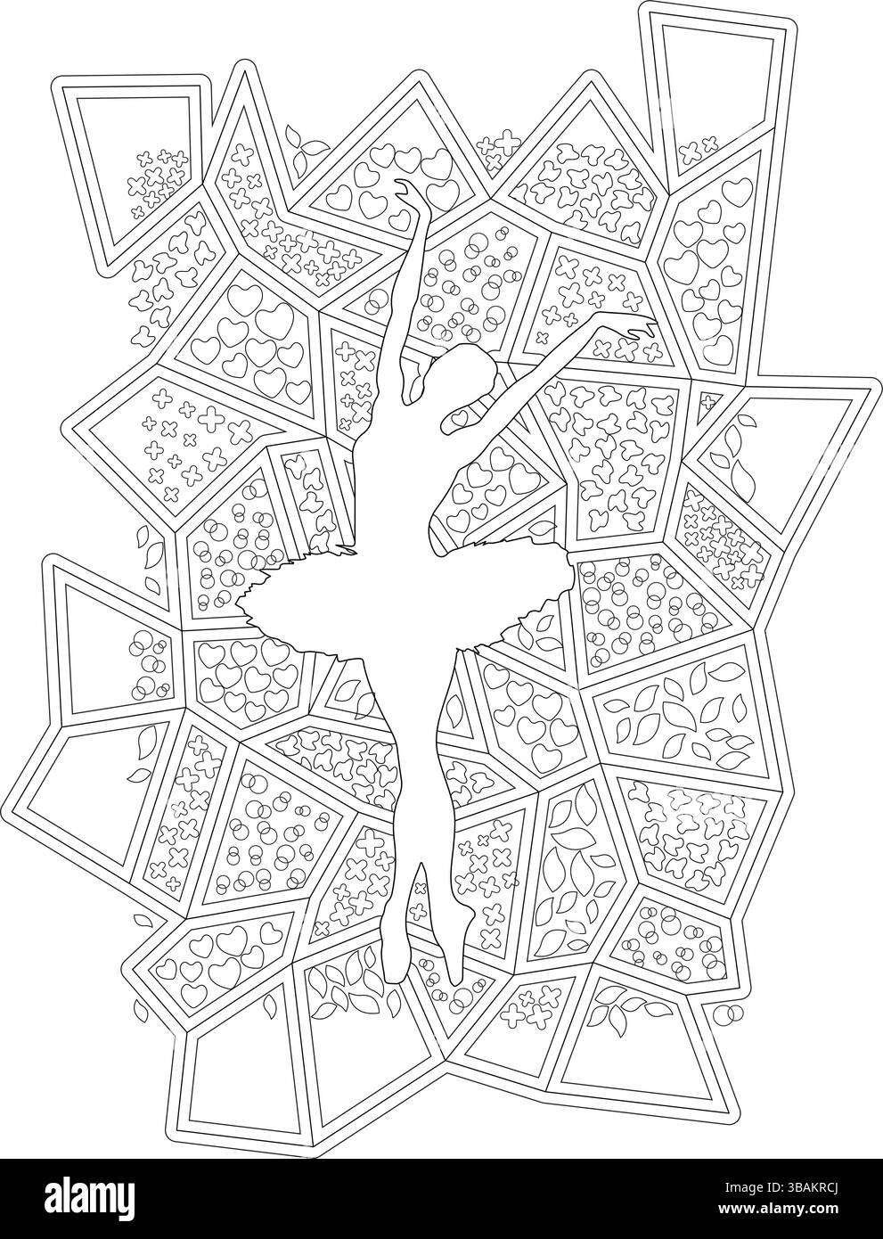 Illustration de contour noir et blanc d'une ballerine gracieuse dans une pose dynamique sur un fond géométrique rempli de motifs complexes de cœurs Illustration de Vecteur