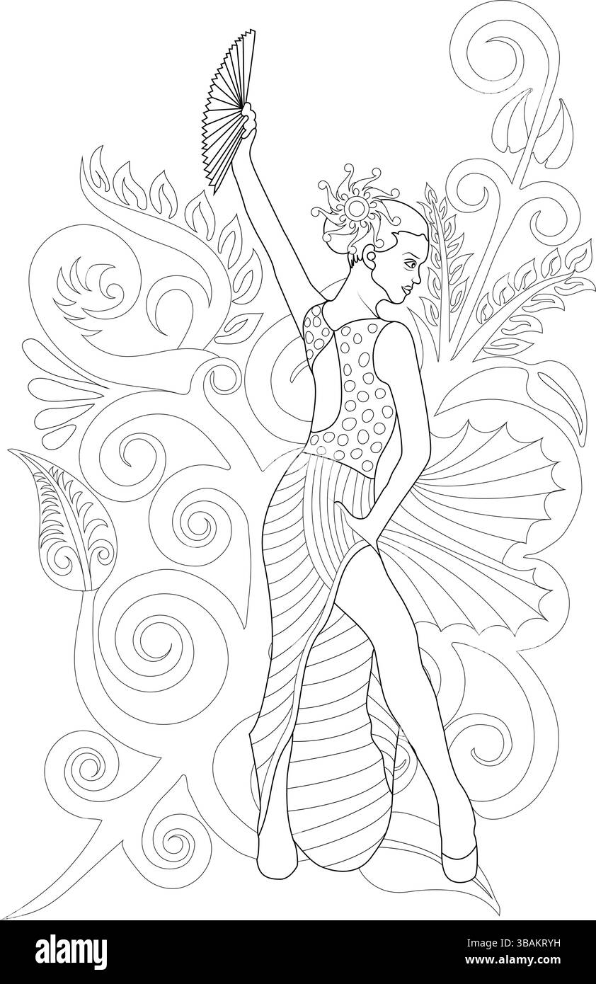 Illustration d'art au trait noir et blanc représentant une danseuse stylisée tenant un éventail, entourée de tourbillons décoratifs et de motifs. Idéal pour colori Illustration de Vecteur