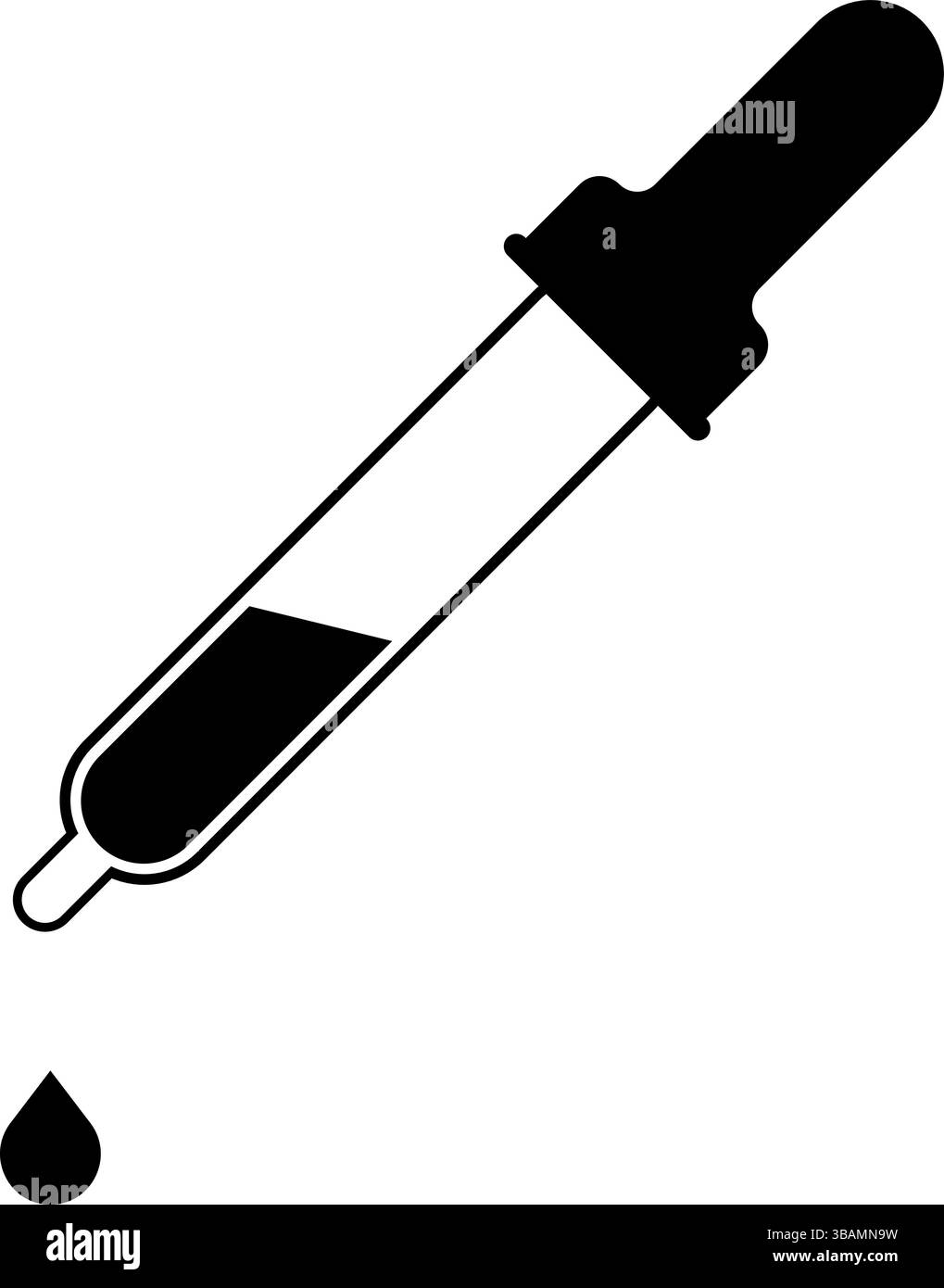 Silhouette noire d'un compte-gouttes avec liquide et goutte tombante, utilisée dans la science, la médecine ou les cosmétiques pour une distribution précise Illustration de Vecteur