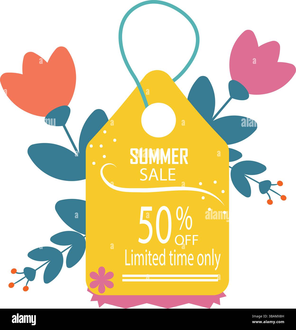 Étiquette de vente d'été entourée de fleurs. Étiquette cadeau pour rabais saisonnier. Bannière promotionnelle. Fleurs aux couleurs vives dans un style plat. Illustration vectorielle Illustration de Vecteur