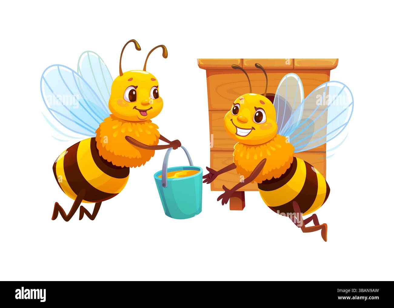 Personnage d'abeille de miel de dessin animé retournant à la ruche en bois avec seau plein. Vecteur joyeux insecte jaune donnant une récolte à une autre abeille près de la ruche Illustration de Vecteur