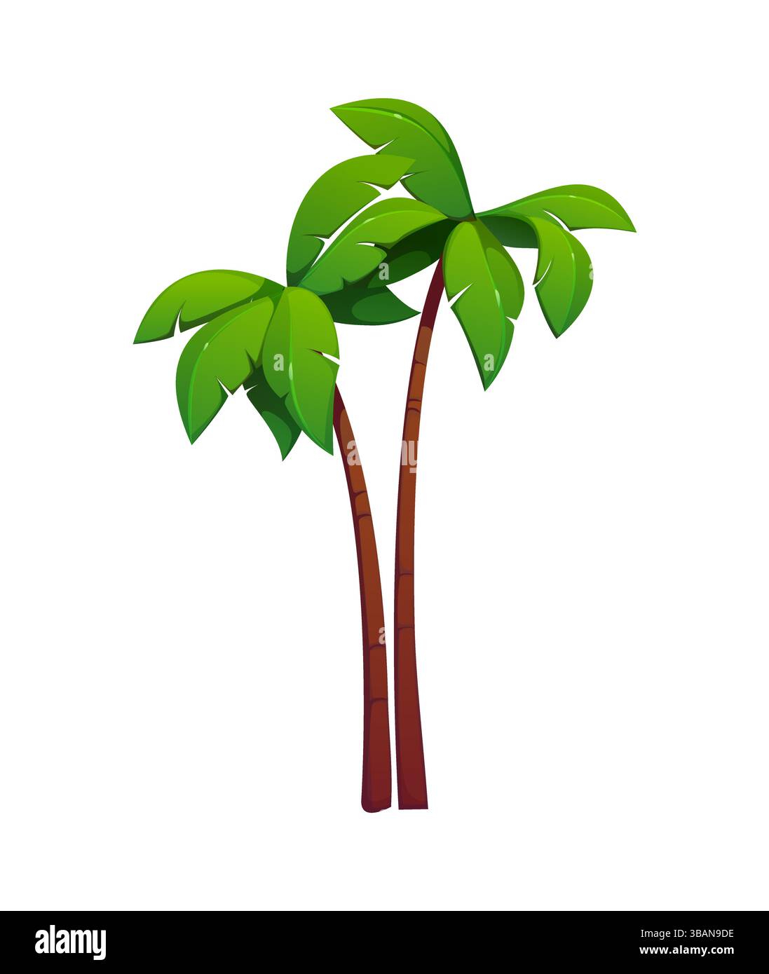 Palmiers de dessins animés avec un tronc brun courbé et des feuilles vertes luxuriantes. Jungle tropicale vectorielle isolée ou paire de cocotiers brésiliens, végétation exotique, symbole de voyage et de vacances, atouts de jeu Illustration de Vecteur