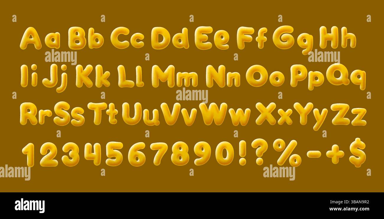 Police jaune, bonbons au pinceau. Alphabet anglais et signe de chiffres. Vecteur Illustration de Vecteur