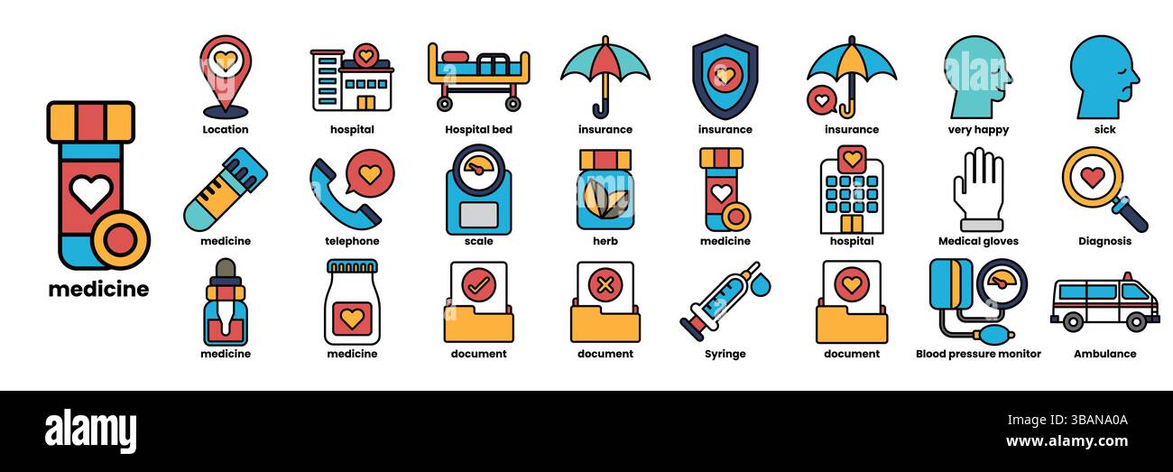 Une collection d'icônes médicales comprenant un coeur, un stéthoscope, une seringue, un lit d'hôpital, un cabinet de médecin, un hôpital, une chambre d'hôpital, un hôpital Illustration de Vecteur